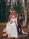 A-line Bateau Long Sleeve Rustic Wedding Dresses Lace Boho Lace Bridal Gowns MHL2802|Selinadress