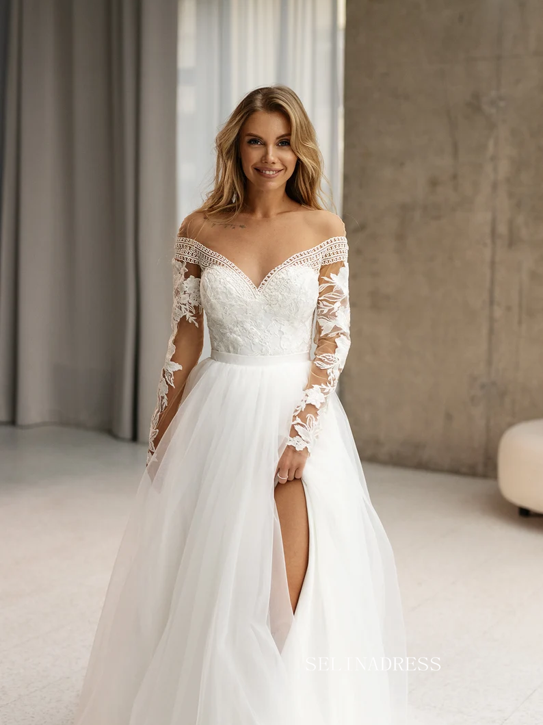 Rustic Long Sleeve Lace Wedding Dress With Lining A-line Beach Wedding Dresses SEW005|Selinadress SELINADRESS Rustic Long Sleeve Lace Wedding Dress With Lining A-line Beach Wedding Dresses SEW005|Selinadress SELINADRESS