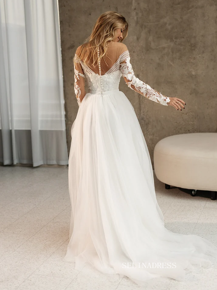 A-line Bateau Long Sleeve Wedding Dress Rustic Tulle Country Wedding Dresses KTC007 A-line Bateau Long Sleeve Wedding Dress Rustic Tulle Country Wedding Dresses KTC007