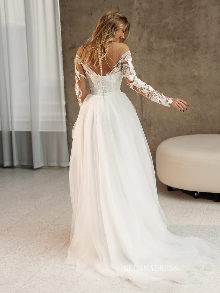 Two Piece A-line Long Sleeve Rustic Wedding Dresses White Tulle Bridal –  SELINADRESS
