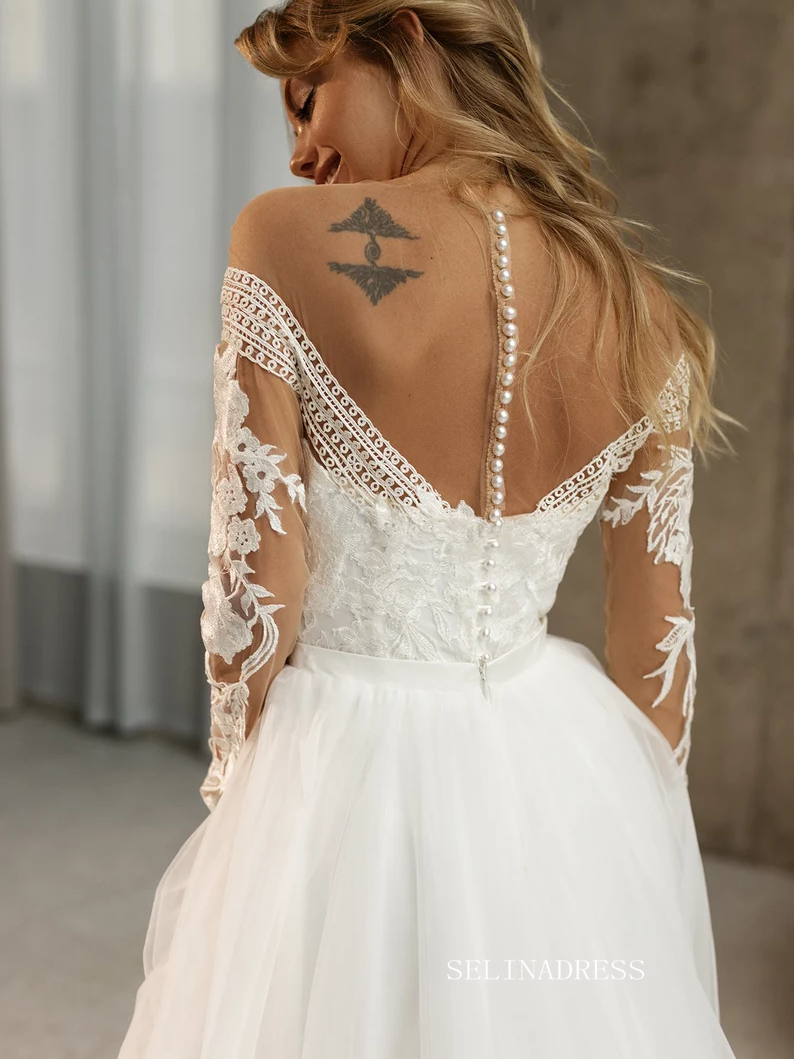 Rustic Long Sleeve Lace Wedding Dress With Lining A-line Beach Wedding Dresses SEW005|Selinadress SELINADRESS Rustic Long Sleeve Lace Wedding Dress With Lining A-line Beach Wedding Dresses SEW005|Selinadress SELINADRESS