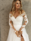 A-line Bateau Long Sleeve Wedding Dress Rustic Tulle Country Wedding Dresses KTC007|Selinadress