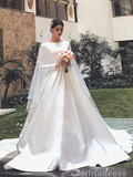 A-line Bateau Long Sleeve Wedding Dresses Princess White Satin Wedding Dress SEW055