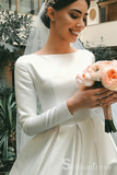 A-line Bateau Long Sleeve Wedding Dresses Princess White Satin Wedding Dress SEW055