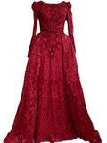 A-line Bateau Luxury Long Prom Dress Burgundy Embroidery Long Evening Gowns ASB016|Selinadress