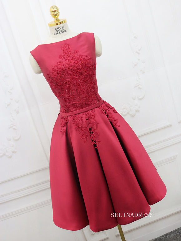 A-line Bateau Red Homecoming Dress With Applique Satin Short Prom Dresses EDS034|Selinadress