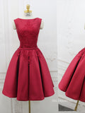 A-line Bateau Red Homecoming Dress With Applique Satin Short Prom Dresses EDS034|Selinadress
