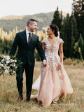 A-line Bateau Rustic 3D Floral Lace Wedding Dresses Beaded Bridal Gowns CBD362|Selinadress