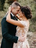 A-line Bateau Rustic 3D Floral Lace Wedding Dresses Beaded Bridal Gowns CBD362|Selinadress