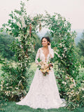 A-line Bateau Rustic See Through Wedding Dresses White Long Sleeve Bridal Gowns CBD369|Selinadress