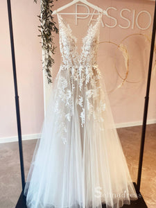 A-line Bateau See Through Rustic Rhinestone Wedding Dresses White Lace Bridal Gowns MSL2812|Selinadress