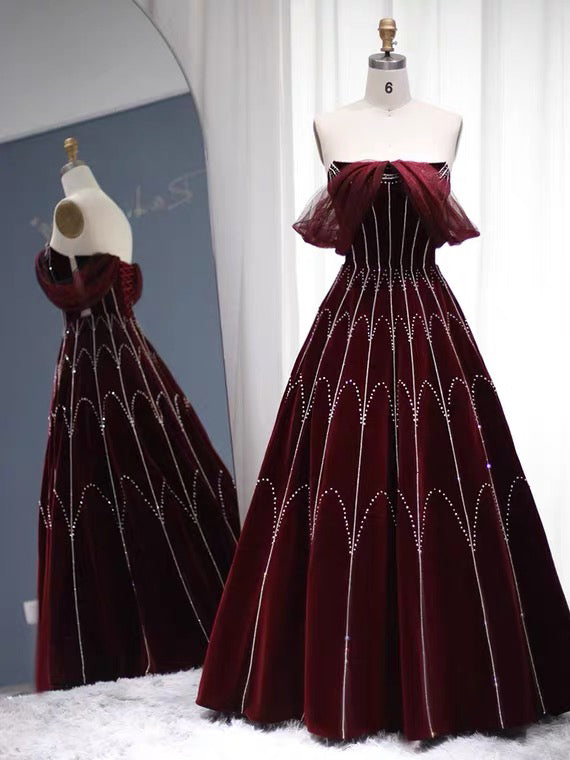 A-line Beaded Burgundy Long Prom Dress Pageant Dress Evening Dress #OPS001|Selinadress
