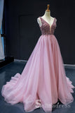 A-line Beaded Sparkly Princess Long Prom Dress Pink Formal Evening Gowns SED063