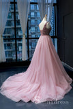 A-line Beaded Sparkly Princess Long Prom Dress Pink Formal Evening Gowns SED063