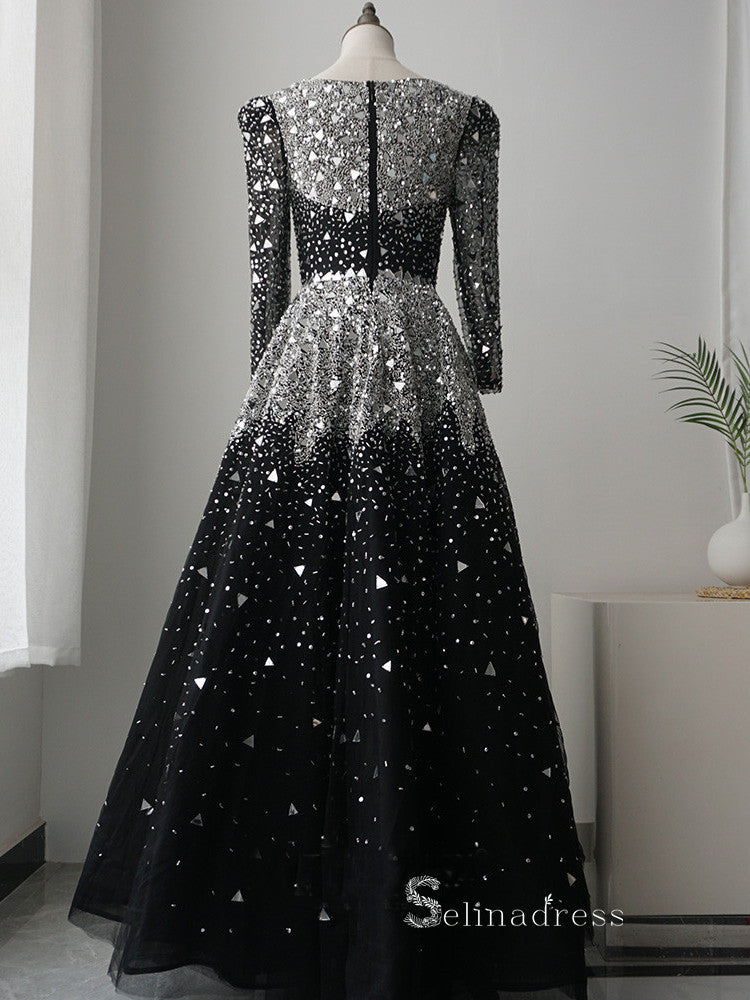 long sleeve rhinestone prom dress Selinadress A line Dubai Luxury Long Sleeve Rhinestone Prom Dress Form SELINADRESS