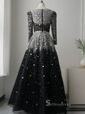 A-line Black Scoop Long Sleeve Rhinestone Sparkly Luxury Long Prom Dresses Evening Dresses ASB022|Selinadress