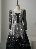 A-line Black Scoop Long Sleeve Rhinestone Sparkly Luxury Long Prom Dresses Evening Dresses ASB022|Selinadress