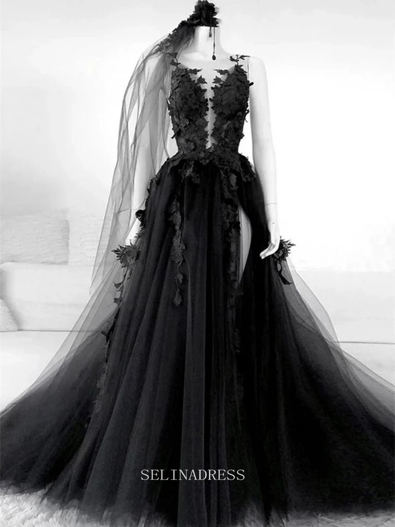 A-line Black Wedding Dress Lace Applique Wedding Dress Backless Side Slit  Boho Dress Tulle Bridal Gown Black Wedding Gown GRSD004