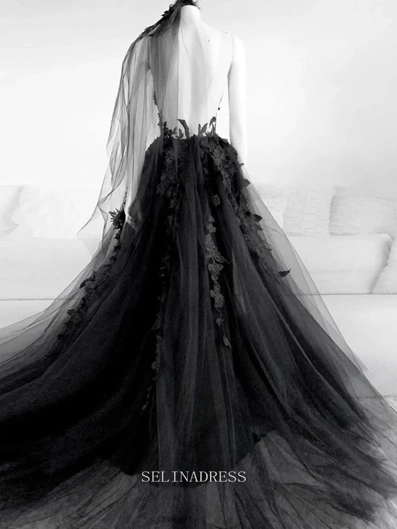 A-line Black Wedding Dress Lace Applique Wedding Dress Backless Side S SELINADRESS A-line Black Wedding Dress Lace Applique Wedding Dress Backless Side S SELINADRESS