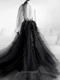 A-line Black Wedding Dress Lace Applique Wedding Dress Backless Side Slit Boho Dress Tulle Bridal Gown Black Wedding Gown GRSD004|Selinadress