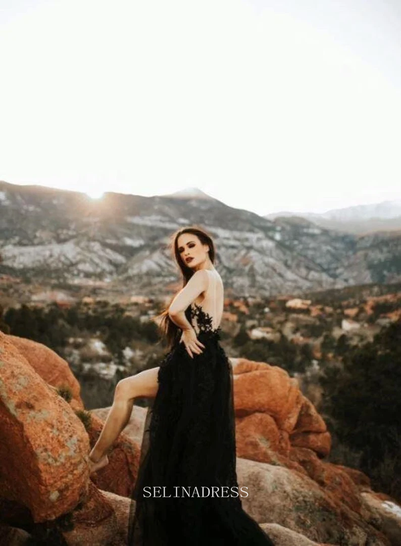 A-line Black Wedding Dress Lace Applique Wedding Dress Backless Side S SELINADRESS A-line Black Wedding Dress Lace Applique Wedding Dress Backless Side S SELINADRESS