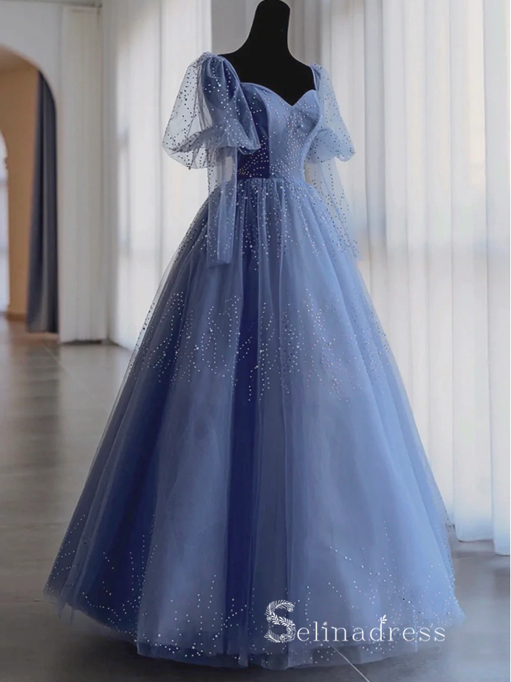 blue embellished prom dress Light Blue Tulle A-line V-neck Spaghetti Straps Beaded Long Prom Dresses, MP658