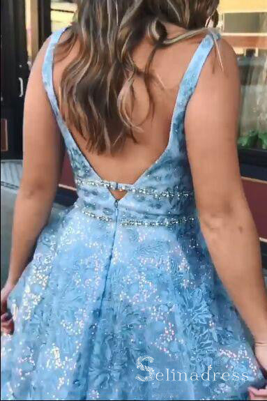 A-line Blue Lace Long Prom Dresses With Split Beaded Modest Formal Dre SELINADRESS A-line Blue Lace Long Prom Dresses With Split Beaded Modest Formal Dre SELINADRESS
