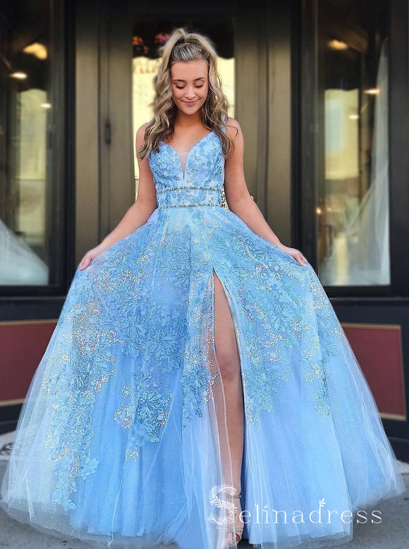 A-line Blue Lace Long Prom Dresses With Split Beaded Modest Formal Dress SED114