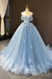 A-line Blue Off-the-shoulder Long Prom Dresses Vintage Lace Formal Dresses Evening Gowns SED036