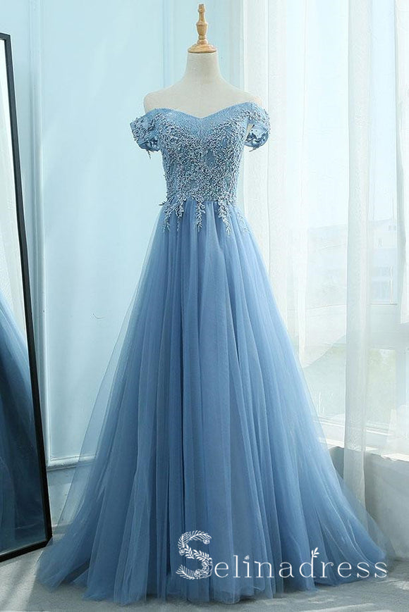 A-line Blue Off-the-shoulder Vintage Long Prom Dresses Lace Evening Gowns Formal Dresses SED038