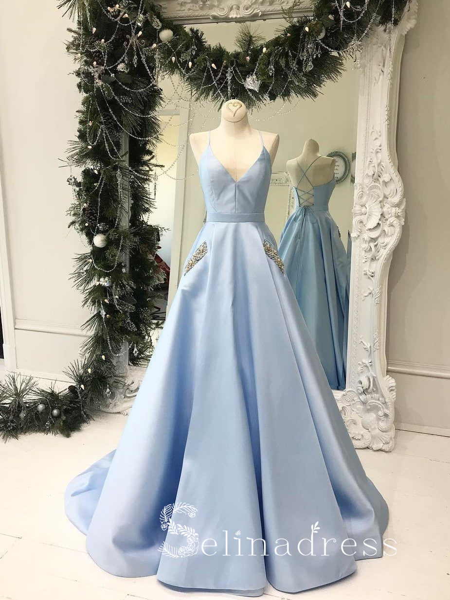 A-line Blue Spaghetti Straps Affordable Prom Dresses With Pocket Long Formal Evening Gowns SED146 A-line Blue Spaghetti Straps Affordable Prom Dresses With Pocket Long Formal Evening Gowns SED146