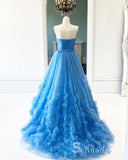 A-line Blue Vintage Long Prom Dresses Simple Strapless Evening Gowns Formal Dresses SED030