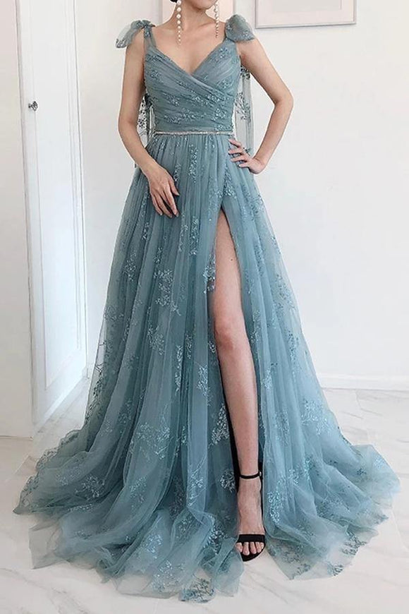Bow Tie Straps Dusty Blue Prom Dresses A-line Lace Split Formal Dress SDE012
