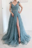 Bow Tie Straps Dusty Blue Prom Dresses A-line Lace Split Formal Dress SDE012