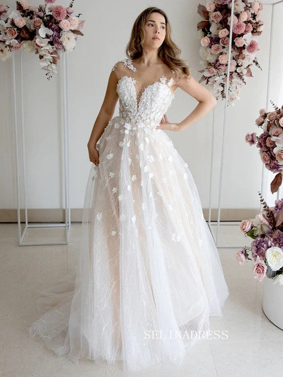 A-line Cap Sleeve Beach Wedding Dresses With 3D Lace Applique Rustic W – SELINADRESS