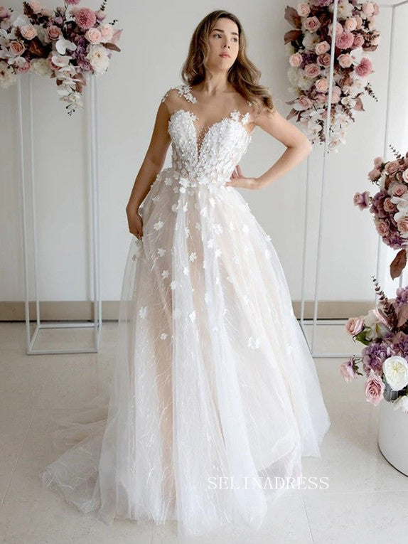 A-line Cap Sleeve Beach Wedding Dresses With 3D Lace Applique Rustic Wedding Dresses JKW211|Selinadress