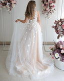 A-line Cap Sleeve Beach Wedding Dresses With 3D Lace Applique Rustic Wedding Dresses JKW211|Selinadress