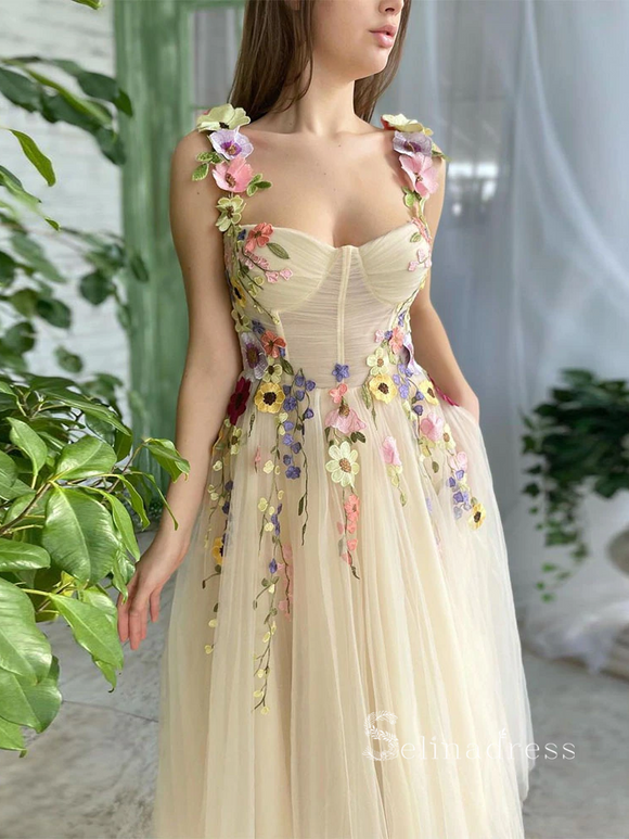 A-line Champagne Tea Length Prom Dress With Flower Cheap Evening Dresses HLK017|Selinadress