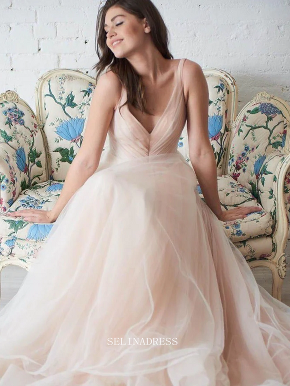 A-line Champagne Tulle Ball Gown Wedding Dresses Simple Plus Size Bridal Dress GRDK002|Selinadress