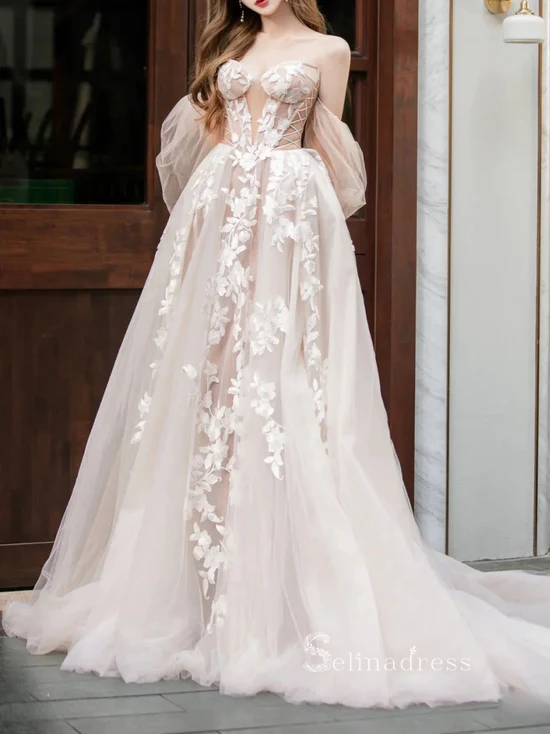 A-line Champagne Tulle Lace Long Prom Dress Wedding Dress Long Sleeve SELINADRESS A-line Champagne Tulle Lace Long Prom Dress Wedding Dress Long Sleeve SELINADRESS