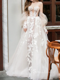 A-line Champagne Tulle Lace Long Prom Dress Wedding Dress Long Sleeve Wedding Gowns cbd495|Selinadress