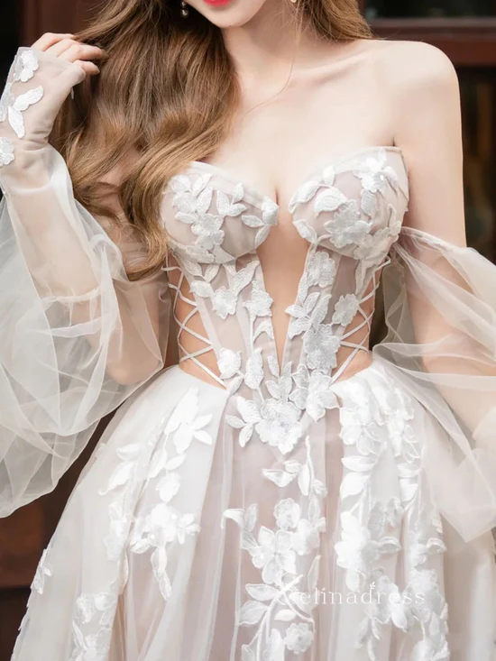 champagne organza wedding dress Romantic Shimmery Lace Off Shoulder Champagne Wedding Dress, White