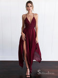 A-line Chiffon Asymmetrical Spaghetti Straps Burgundy Cheap Long Prom Dresses/Evening Dress CBD510|Selinadress