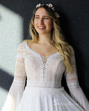 A-line Chiffon V neck Long Sleeve Wedding Dress Rustic Boho Wedding Gown RYU016|Selinadress