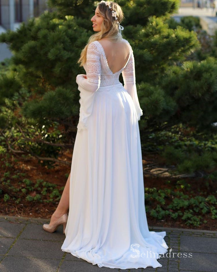A-line Chiffon V neck Long Sleeve Wedding Dress Rustic Boho Wedding Go SELINADRESS A-line Chiffon V neck Long Sleeve Wedding Dress Rustic Boho Wedding Go SELINADRESS