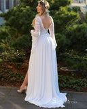 A-line Chiffon V neck Long Sleeve Wedding Dress Rustic Boho Wedding Gown RYU016|Selinadress