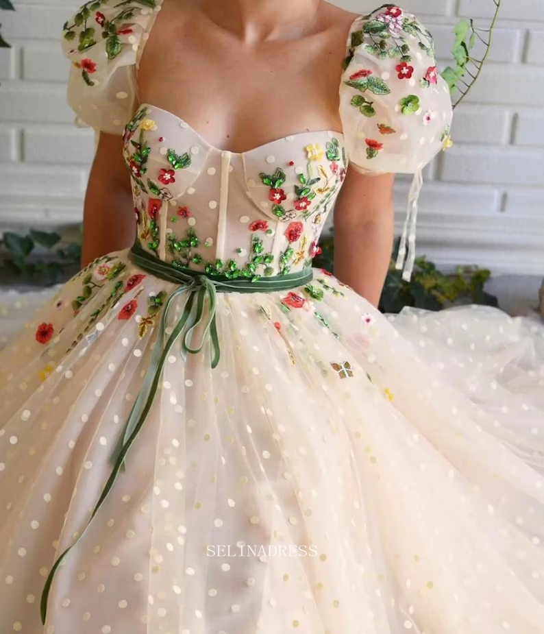 A-line Cream Colorful Floral Prom Dresses Embroidered Puff Sleeve Even SELINADRESS A-line Cream Colorful Floral Prom Dresses Embroidered Puff Sleeve Even SELINADRESS