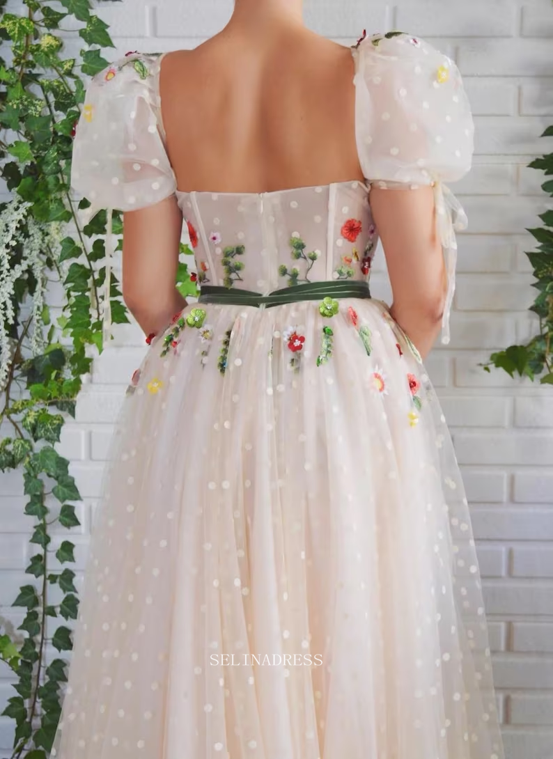 A-line Cream Colorful Floral Prom Dresses Embroidered Puff Sleeve Even SELINADRESS A-line Cream Colorful Floral Prom Dresses Embroidered Puff Sleeve Even SELINADRESS