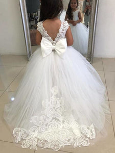 A-line Cute Ivory Lace Princess Long Train Flower Girl Dresses With Bowknot GRS031