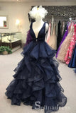 A-line Dark Navy Tulle Ruffles V Neck Long Prom Dress Senior Quinceanera Formal Gowns SED047